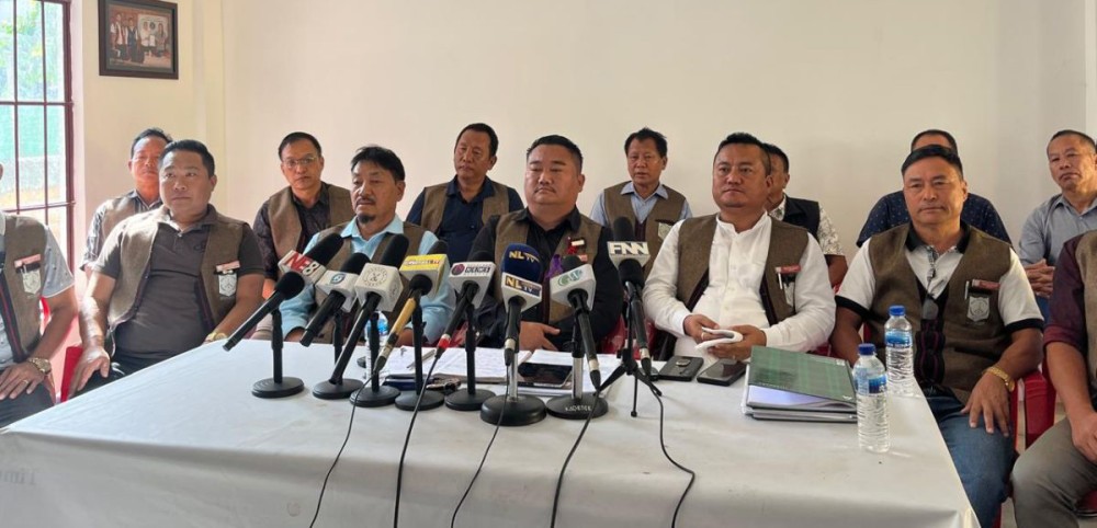 (left to right), DUCCF VP Vikheto Chisho; President, Zasivikho Zakiesato;  Vice Presidents Tongzuk Pongen and Wojamo Yanthan, VP of DUCCF during the press conference at Duncan Basti Community Hall, Dimapur on November 27. (Morung Photo).